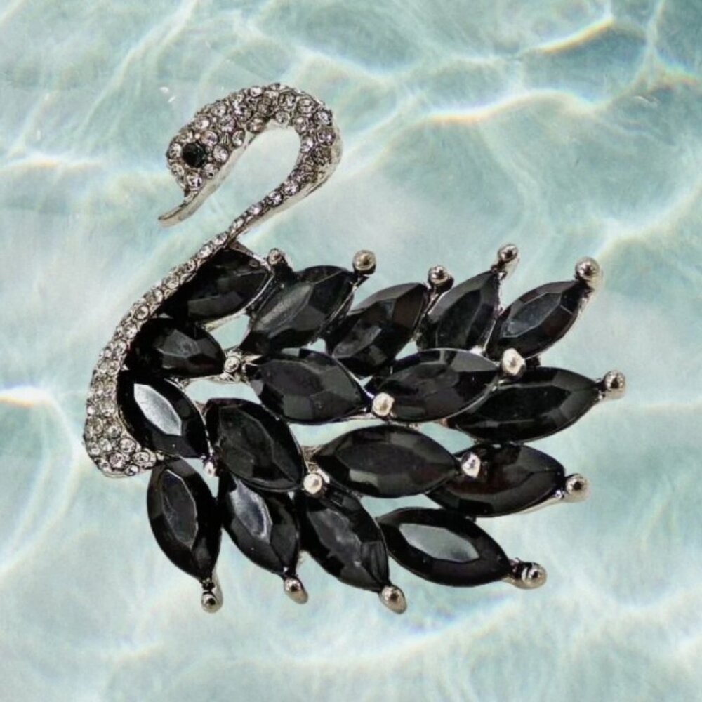 Black swan pin brooch with black marquise crystals and clear crystals